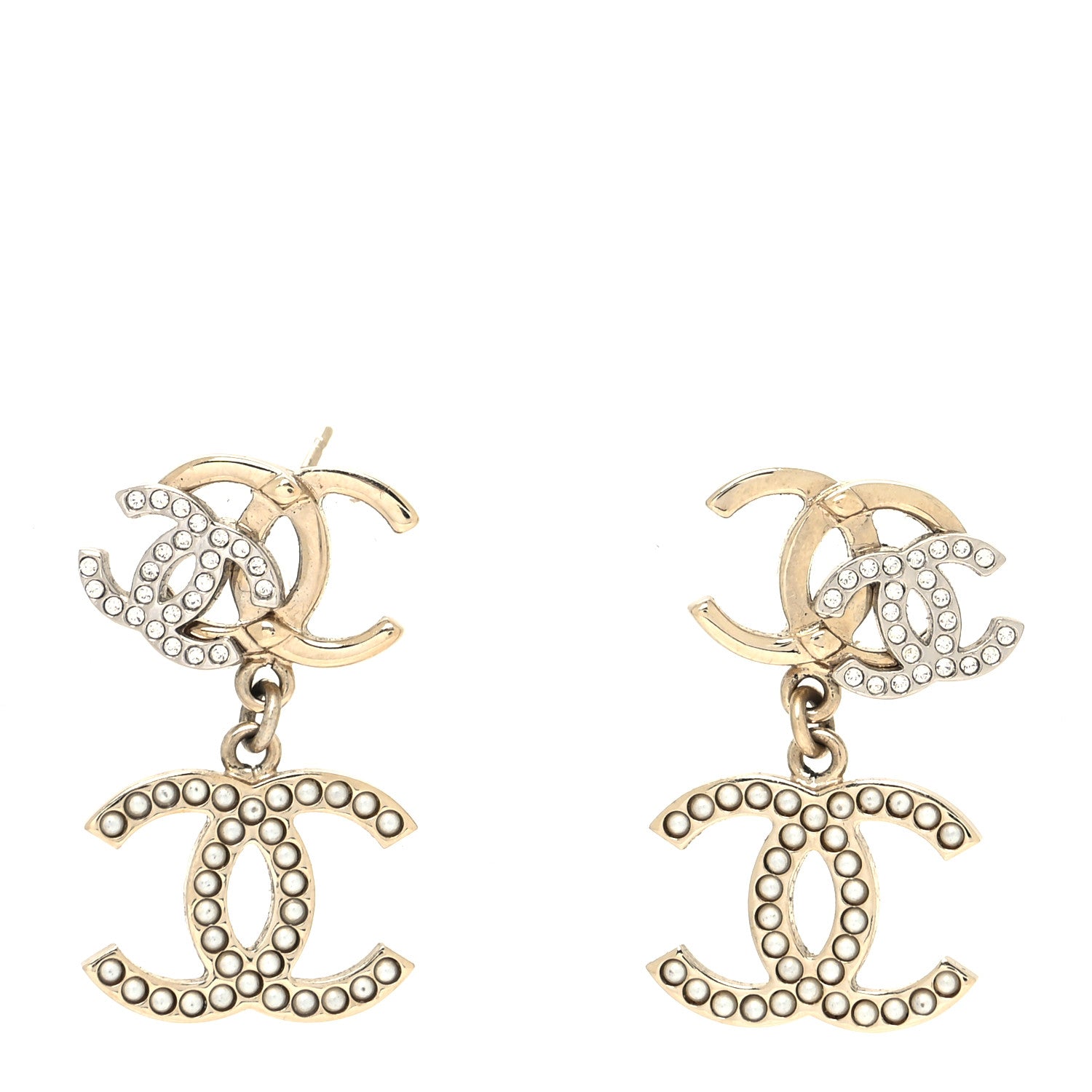 Chanel Crystal Pearl Double CC Drop Earrings Gold Silver 1 of 4