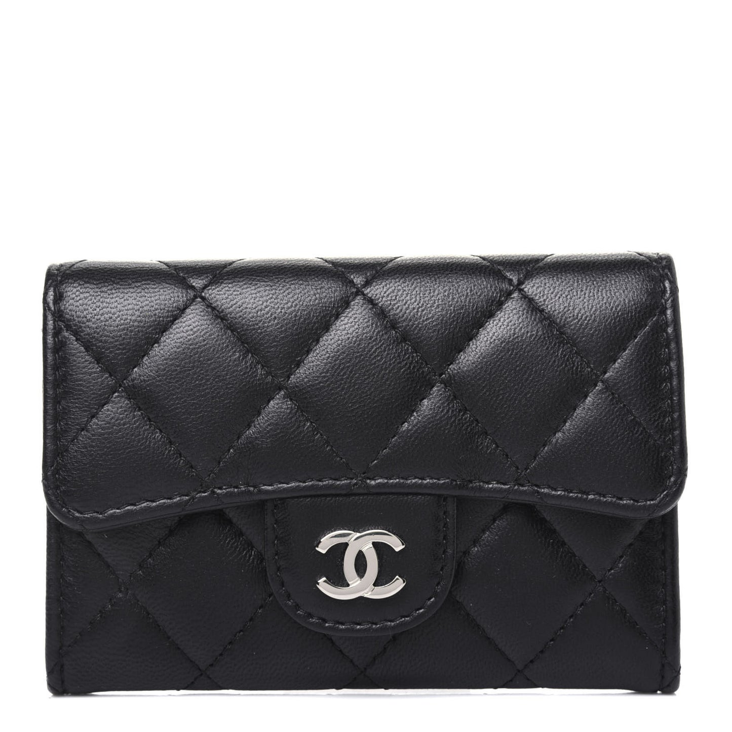 Lambskin Quilted Flap Card Holder Black
