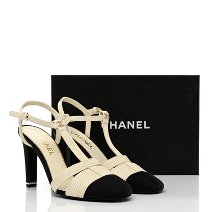 Chanel Lambskin Grosgrain Pearl CC Cap Toe Slingback Sandals 41 Ivory Black 9 of 9