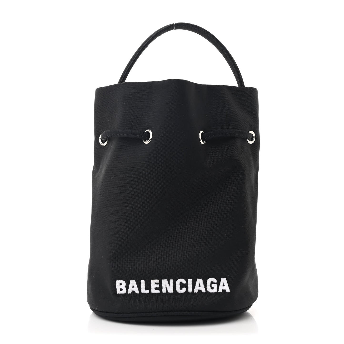 Recycled Sport Nylon Logo Embroidered Wheel Drawstring Bucket Bag Black White