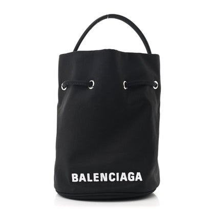 Balenciaga Recycled Sport Nylon Logo Embroidered Wheel Drawstring Bucket Bag Black White 1 of 11