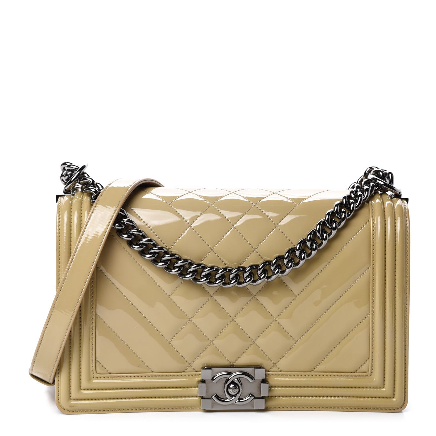 Patent Chevron Quilted New Medium Boy Flap Light Beige