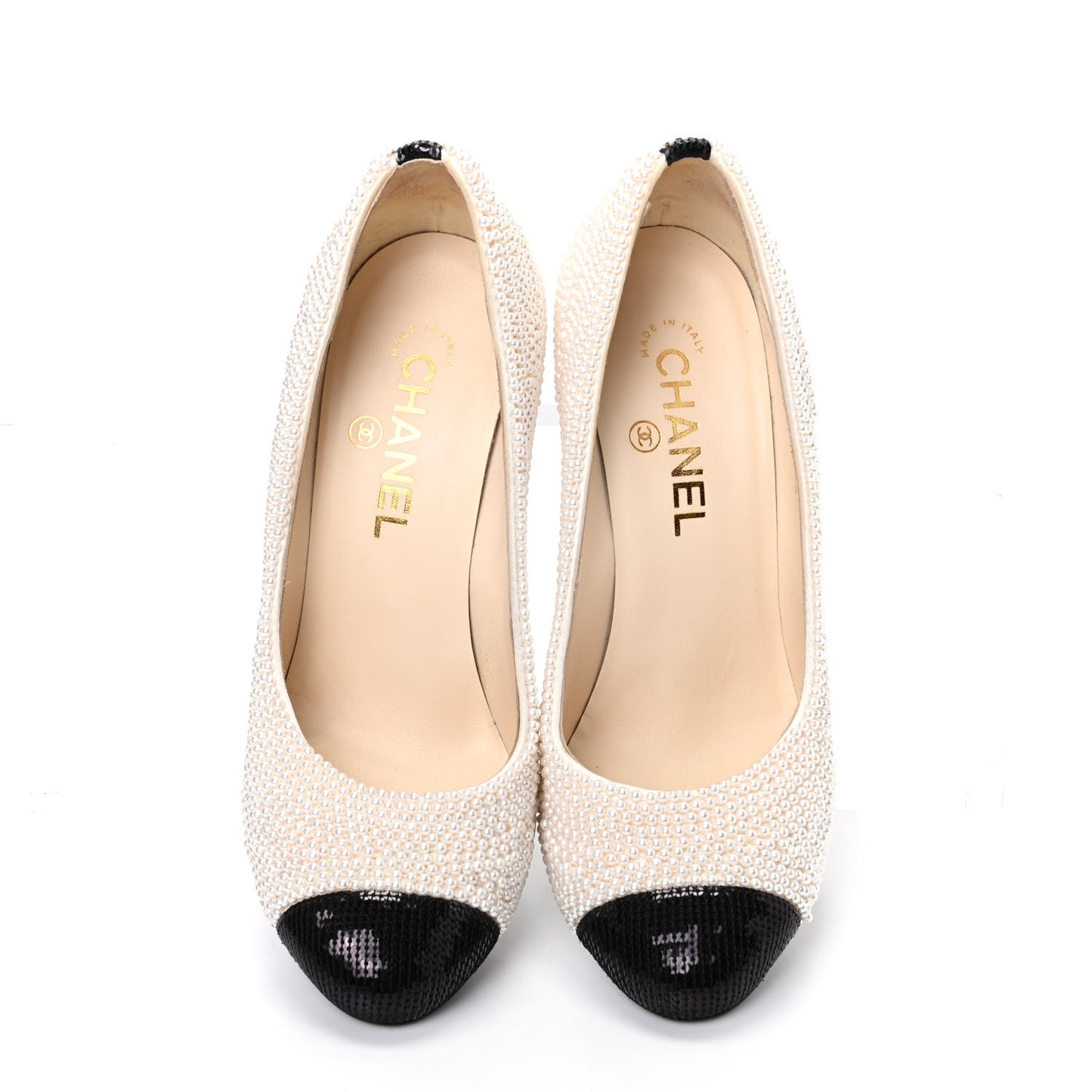 Pearl Sequins Cap Toe Pumps 37.5 Beige Black