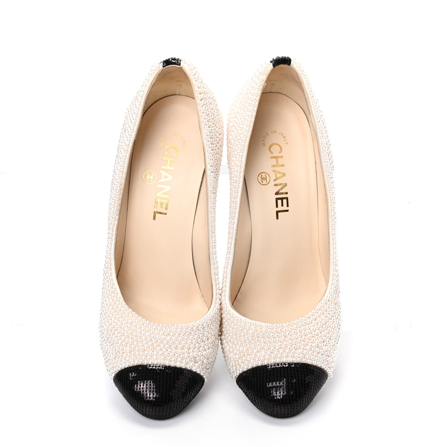 Chanel Pearl Sequins Cap Toe Pumps 37.5 Beige Black 5 of 11