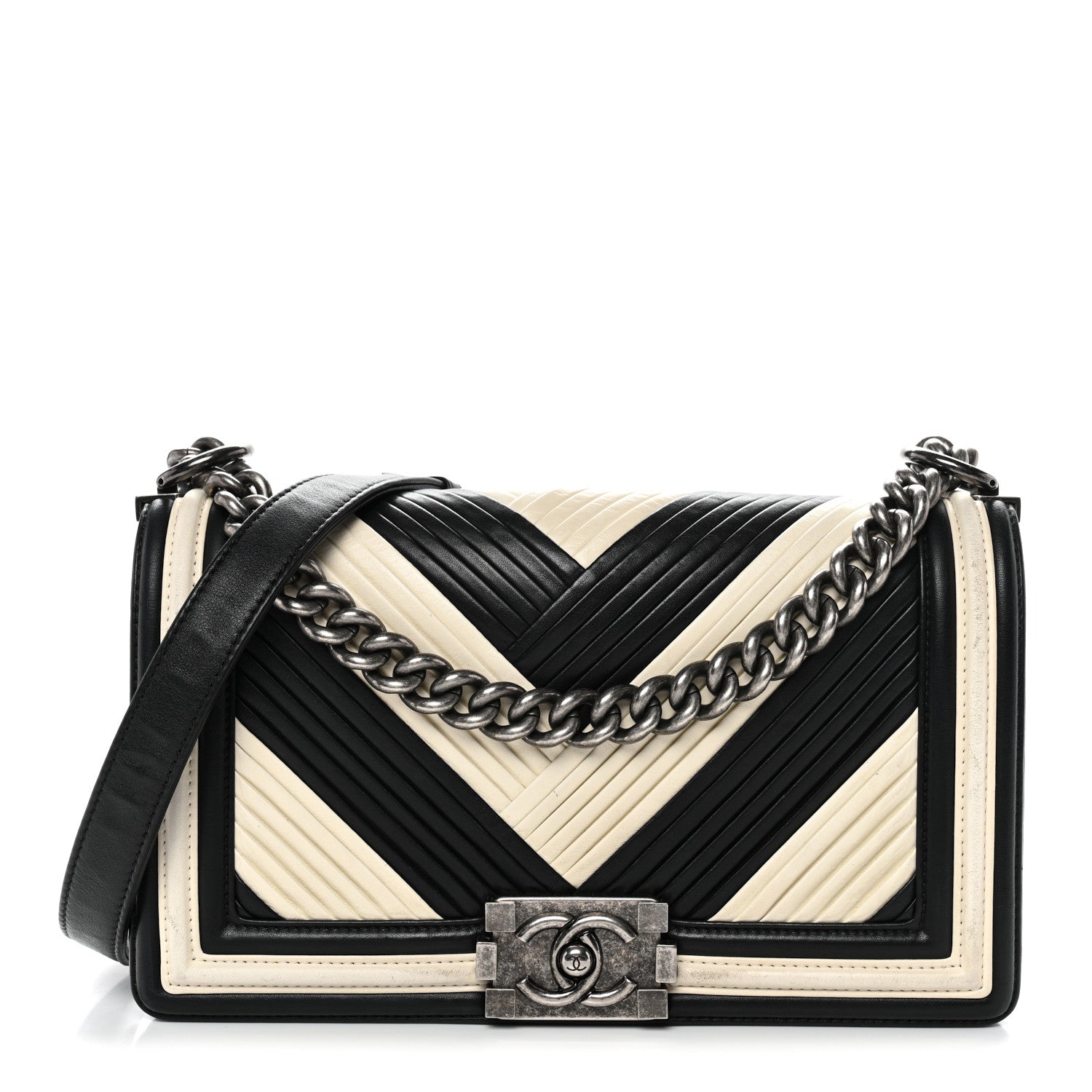 Chanel Calfskin Pleated Medium Boy In Rome Flap Black White 1 of 11