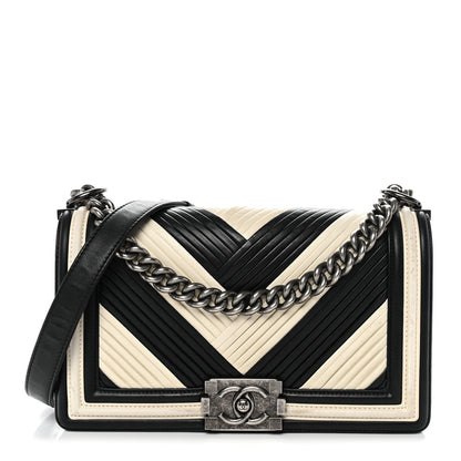 Chanel Calfskin Pleated Medium Boy In Rome Flap Black White 1 of 11