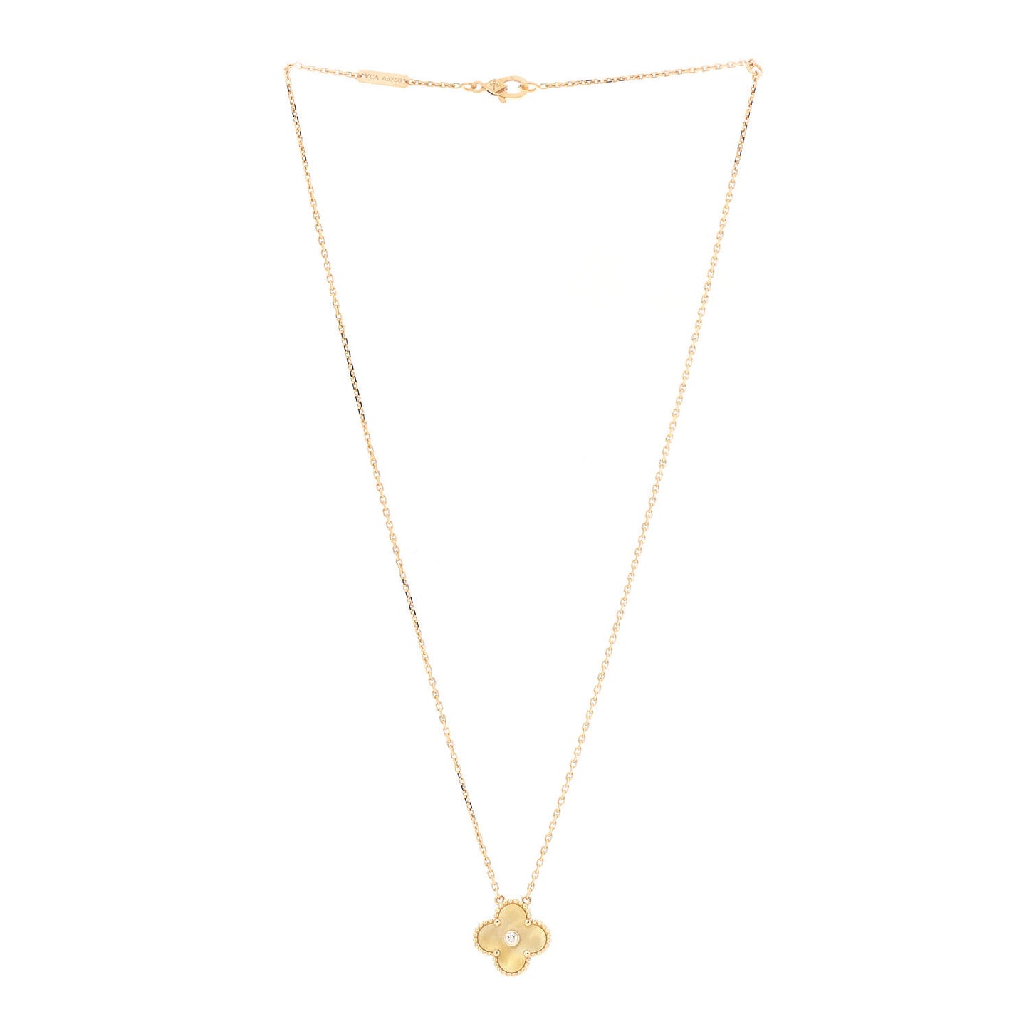18K Yellow Gold Diamond Yellow Mother of Pearl Vintage Alhambra Pendant Necklace