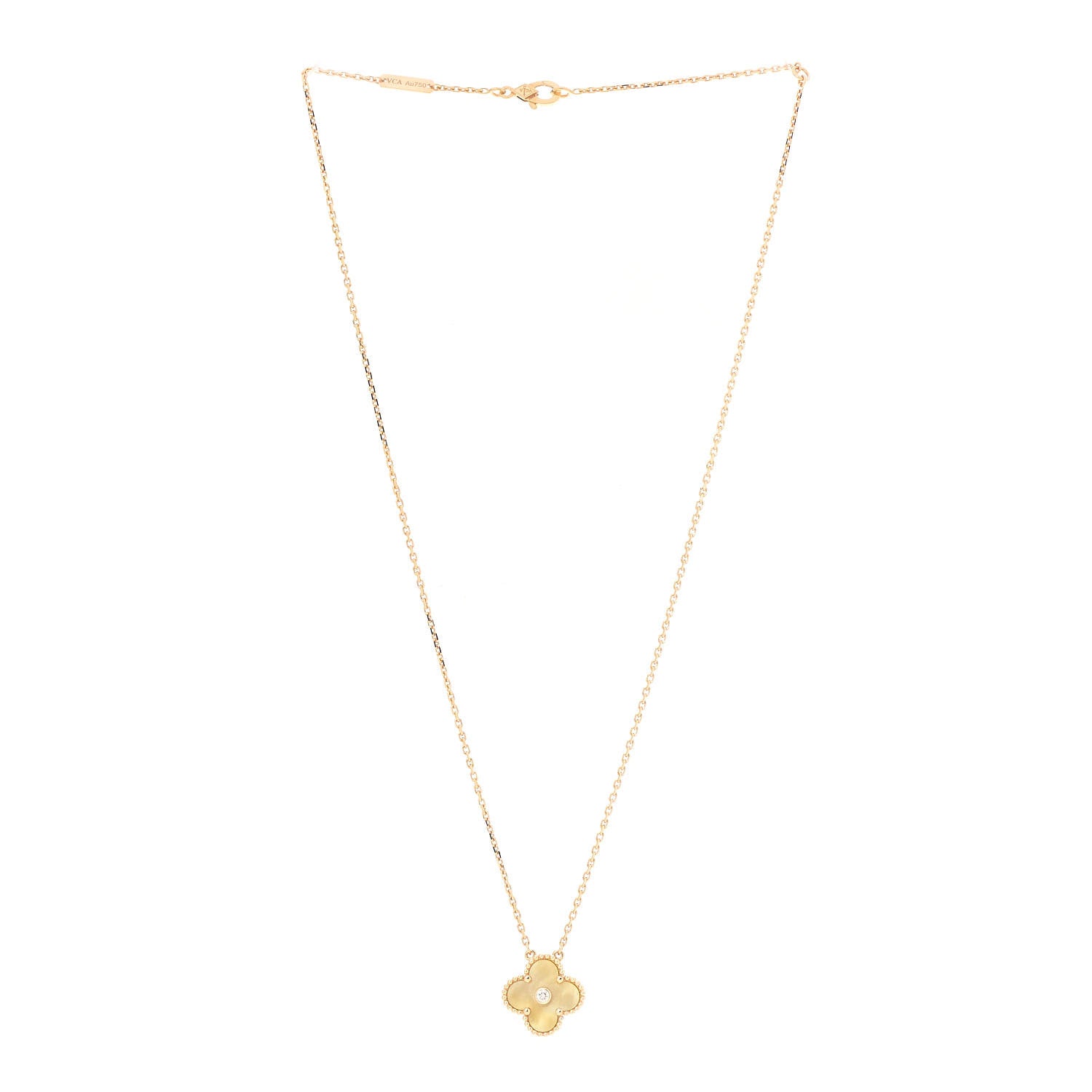 Van Cleef & Arpels 18K Yellow Gold Diamond Yellow Mother of Pearl Vintage Alhambra Pendant Necklace 3 of 7