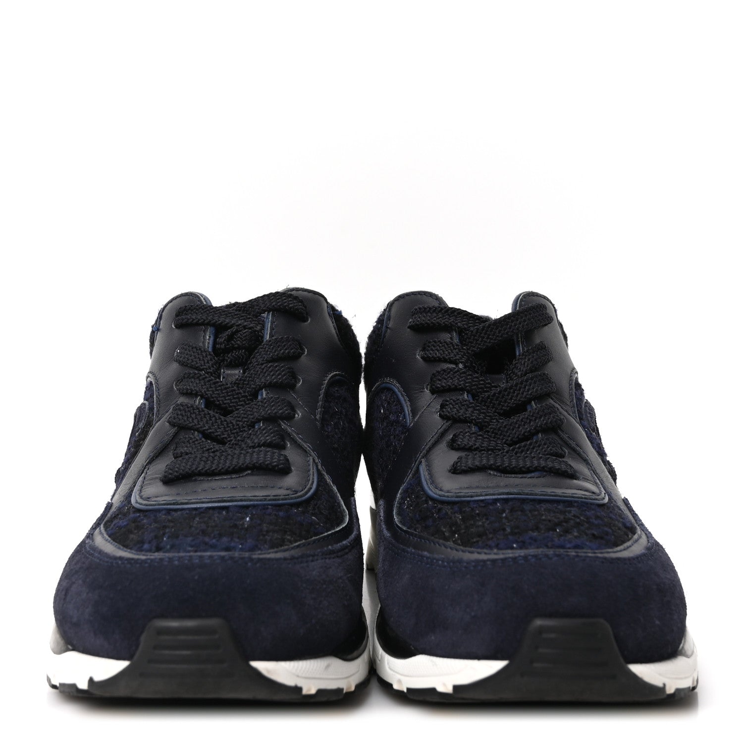 Chanel Iridescent Wool Tweed Suede Womens CC Sneakers 36 Navy Black White 3 of 9
