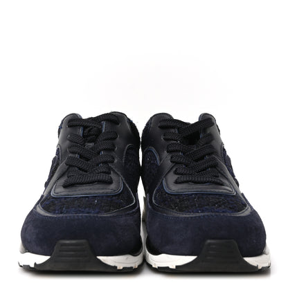 Chanel Iridescent Wool Tweed Suede Womens CC Sneakers 36 Navy Black White 3 of 9