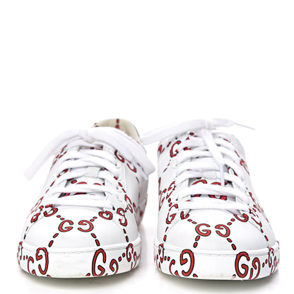 Gucci Calfskin GucciGhost Print Womens Ace Sneakers 37 White Hibiscus Red 2 of 15
