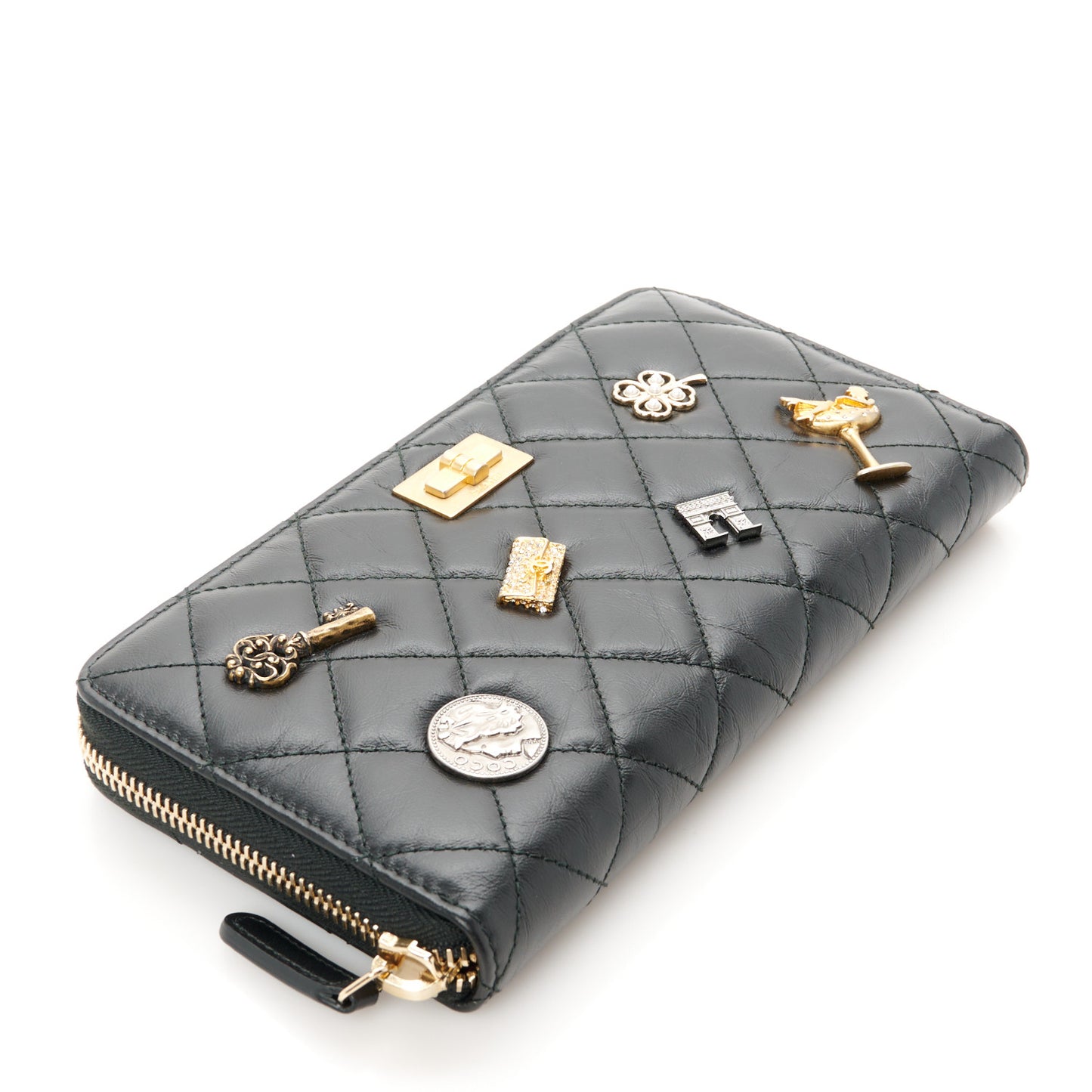 Aged Calfskin Quilted Lucky Charms 2.55 Reissue Zip Around Wallet Black