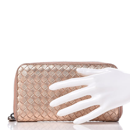 Bottega Veneta Metallic Grosgrain Intrecciato Zip Around Wallet Rose Gold 2 of 11