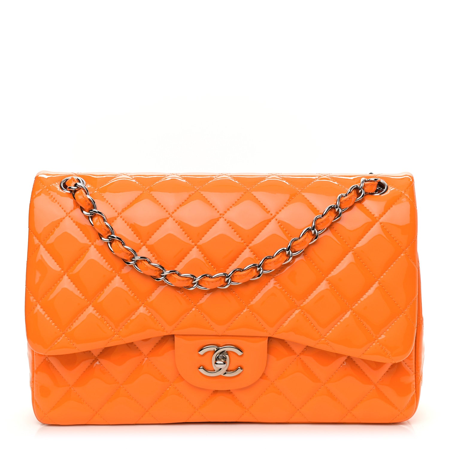 Chanel Patent Quilted Jumbo Double Flap Orange 1 of 9