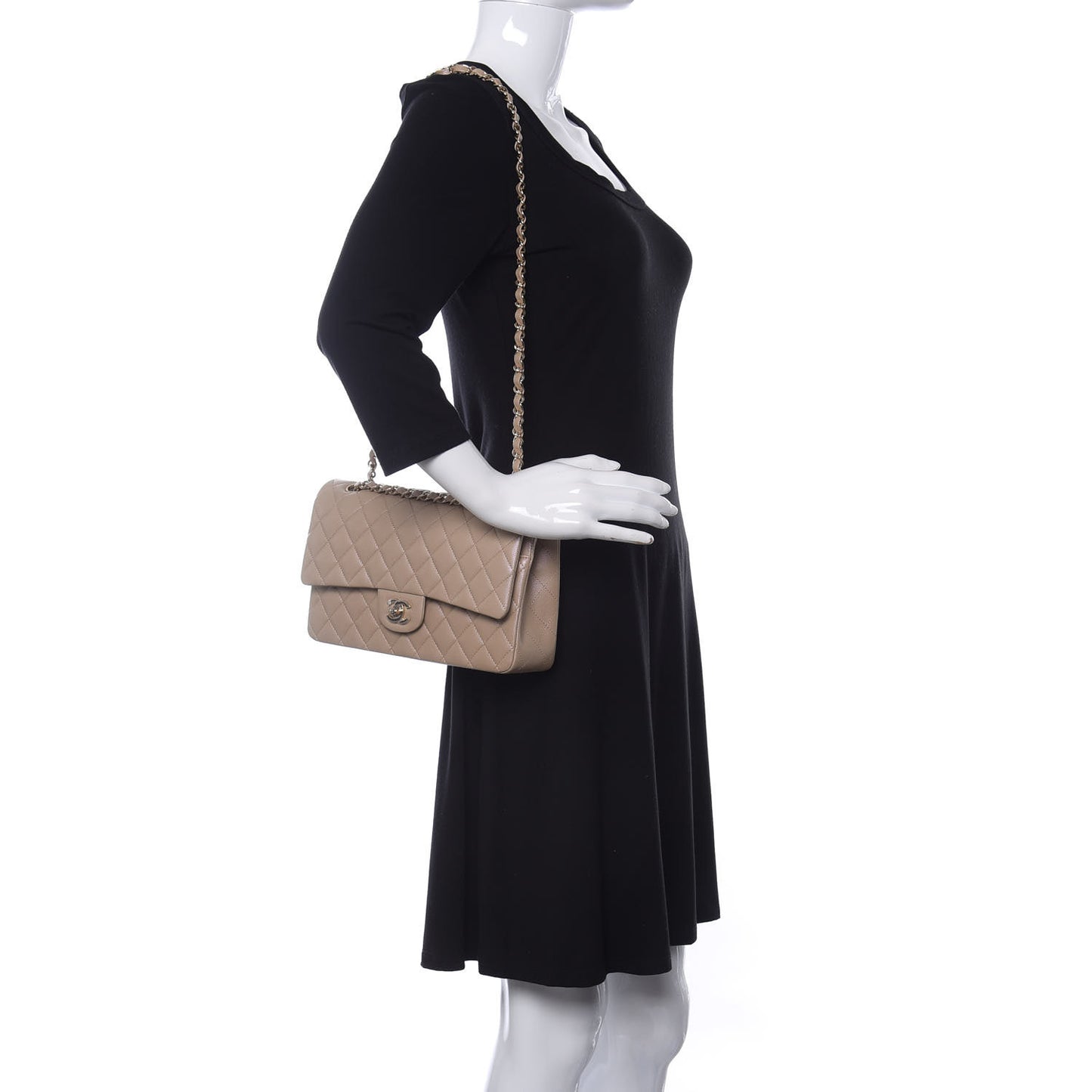 Iridescent Caviar Quilted Medium Double Flap Dark Beige
