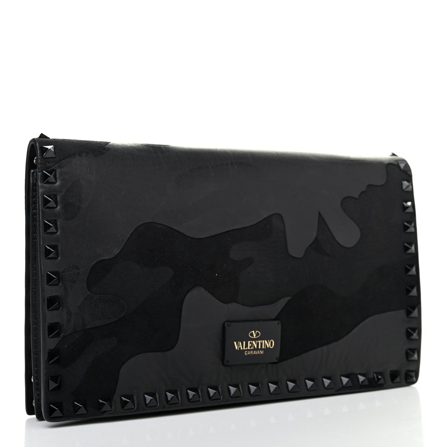 Nappa Canvas Camouflage Rockstud Wristlet Clutch Black