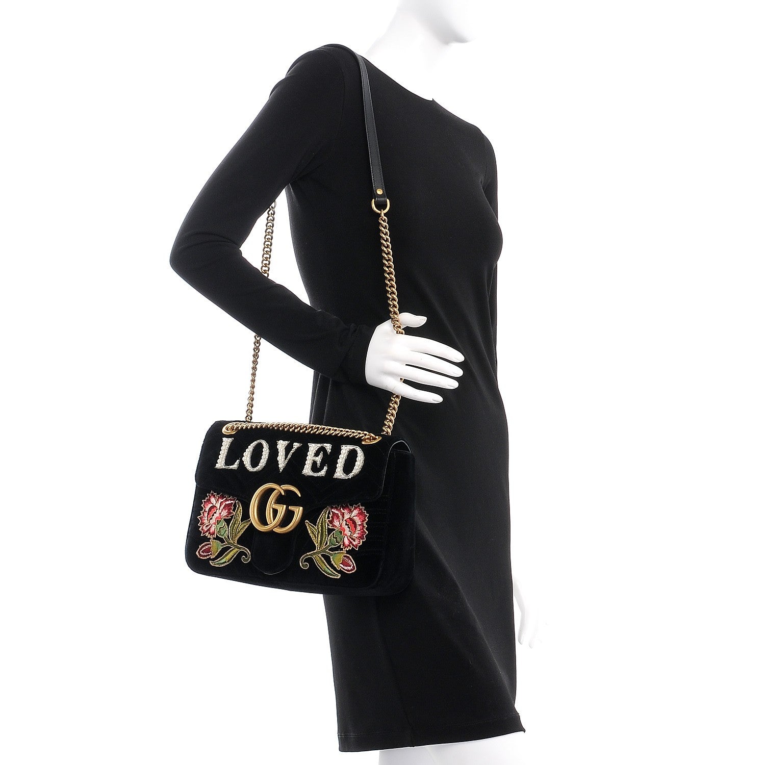 Gucci Velvet Matelasse Loved Embroidered Medium GG Marmont Shoulder Bag Black 2 of 9