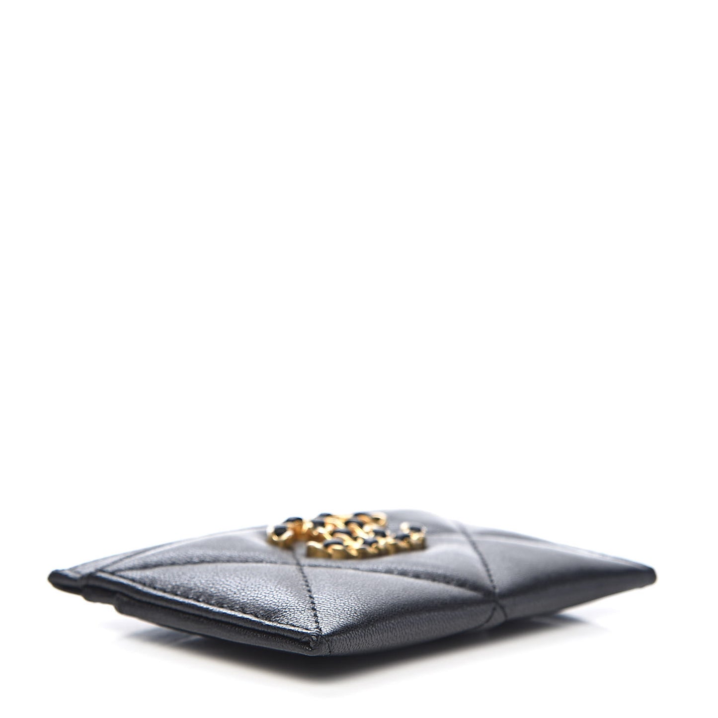 Shiny Goatskin Quilted Chanel 19 Card Holder Black