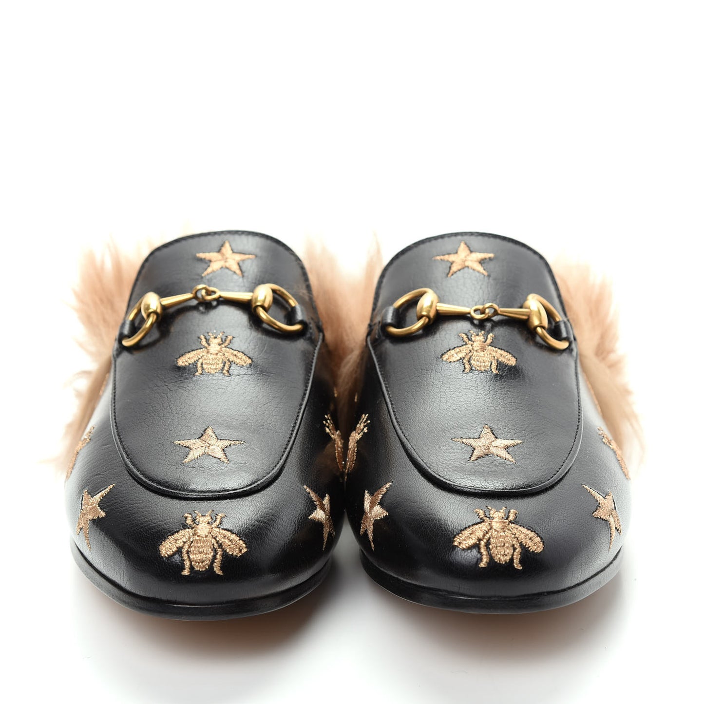Goatskin Fur Bee Star Embroidered Womens Princetown Slippers 36.5 Black