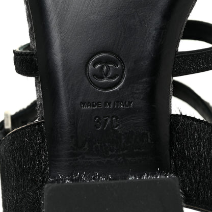 Chanel Metallic Calfskin Pony Hair CC Sandals 37 Black 8 of 9
