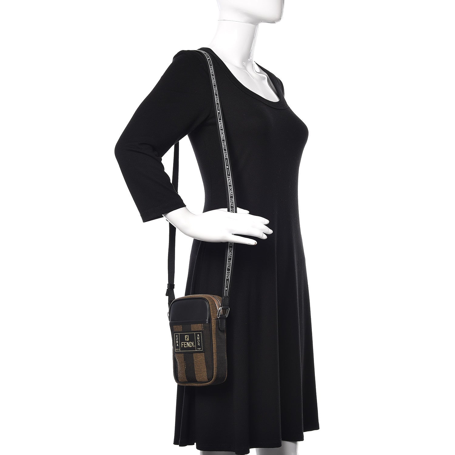 Fendi Jacquard Vitello Century Pequin Logo Plate Small Crossbody Messenger Tobacco Moro Black 2 of 12