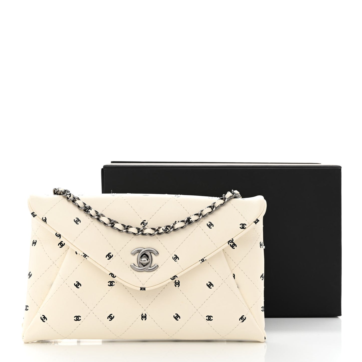 Printed Lambskin Logo CC Envelope Clutch With Chain White