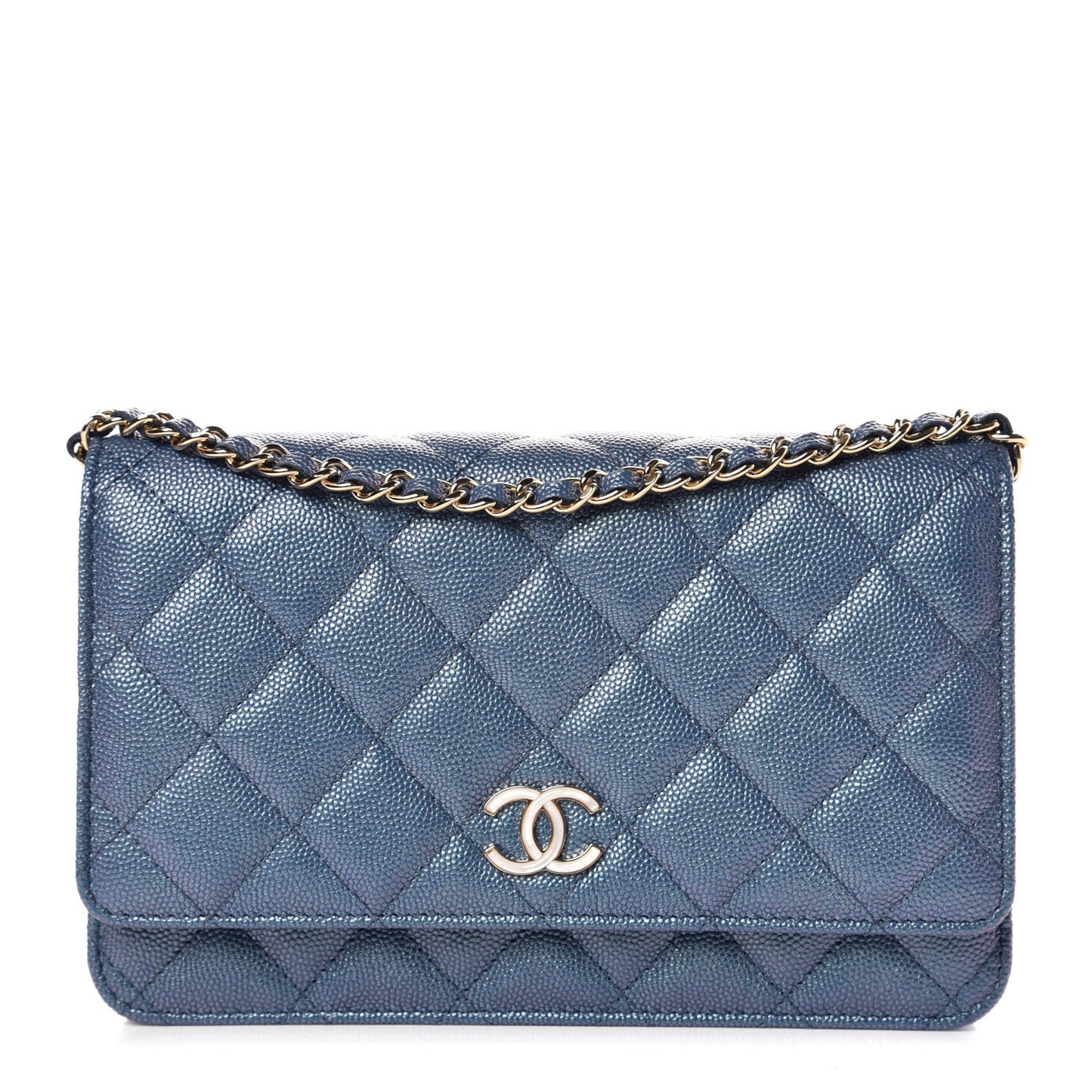 Iridescent Caviar Quilted Wallet On Chain WOC Dark Blue