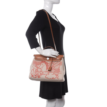Hermes Vache Hunter Toile Pegase Pop Herbag Zip Retourne 31 PM Capucine Ecru 2 of 10