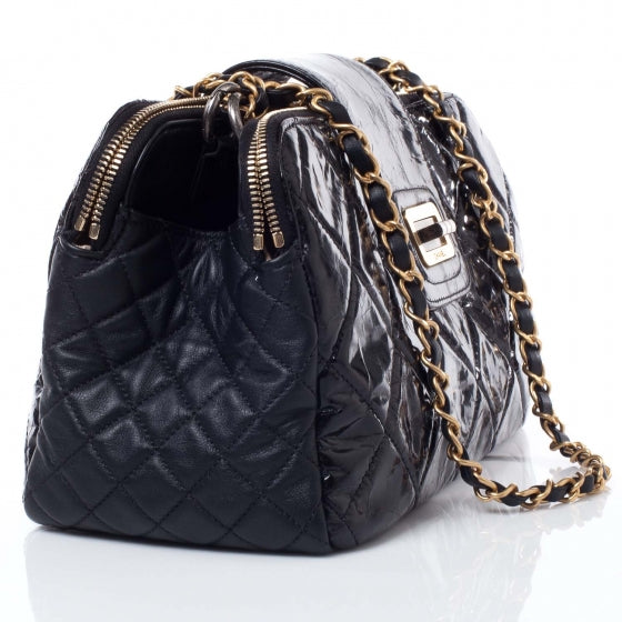 Glazed Calfskin Mademoiselle Zip Shopping Tote Black