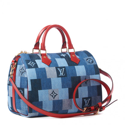 Louis Vuitton Denim Damier Monogram Patchwork Speedy Bandouliere 30 Blue Rouge 3 of 9