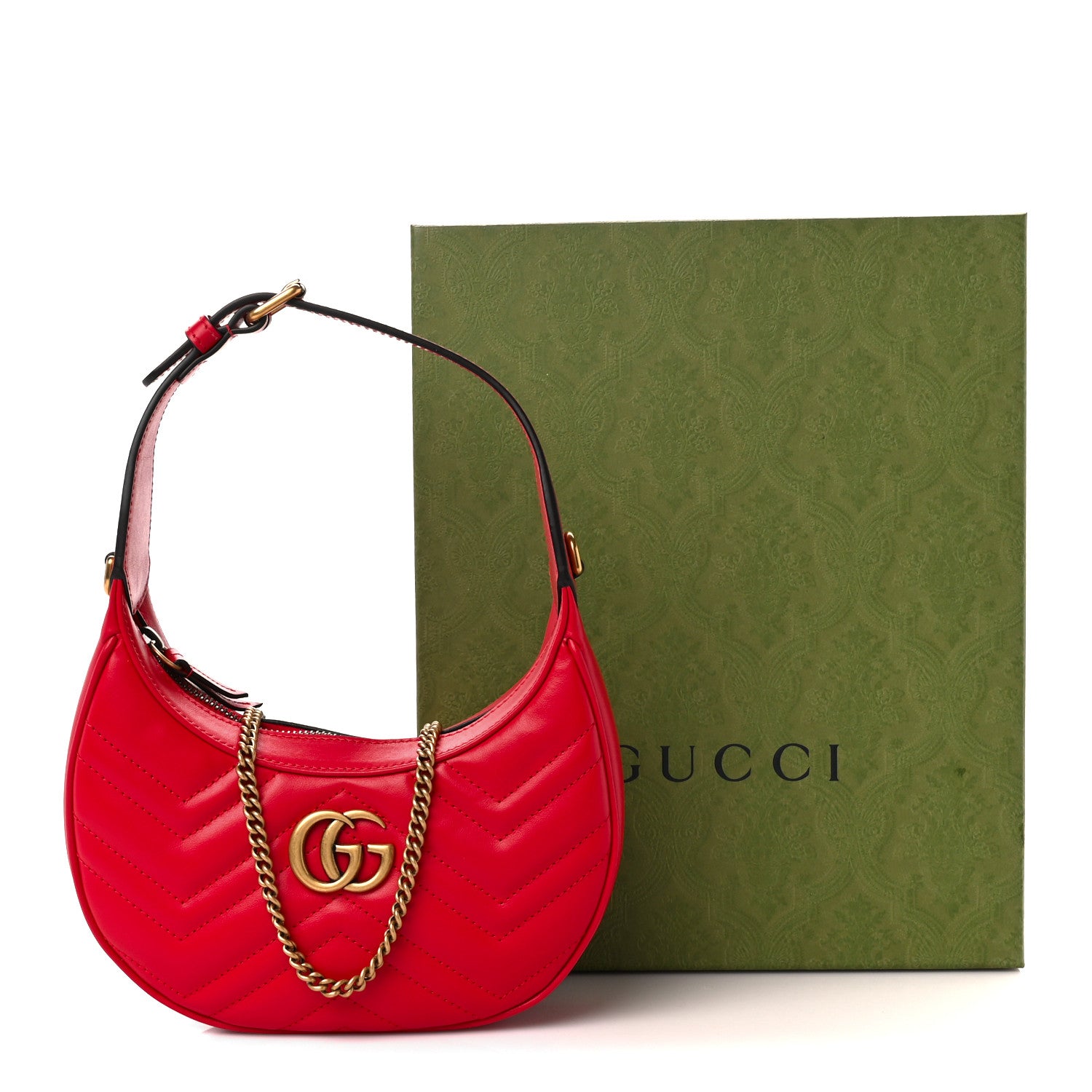 Gucci Calfskin Matelasse Chevron Mini GG Marmont Half Moon Hobo Rosso 11 of 11