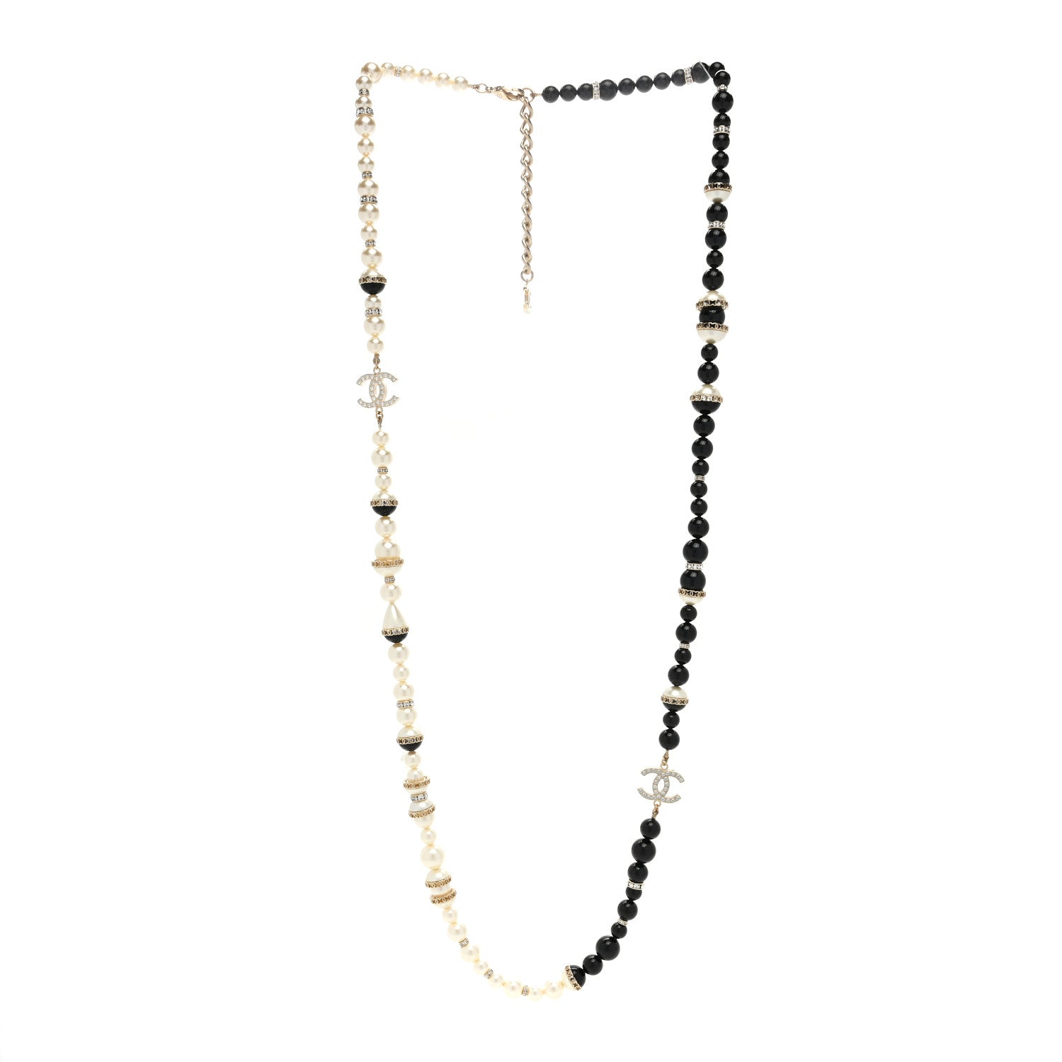 Chanel Pearl Beaded Crystal CC Long Necklace Gold Black White 2 of 4