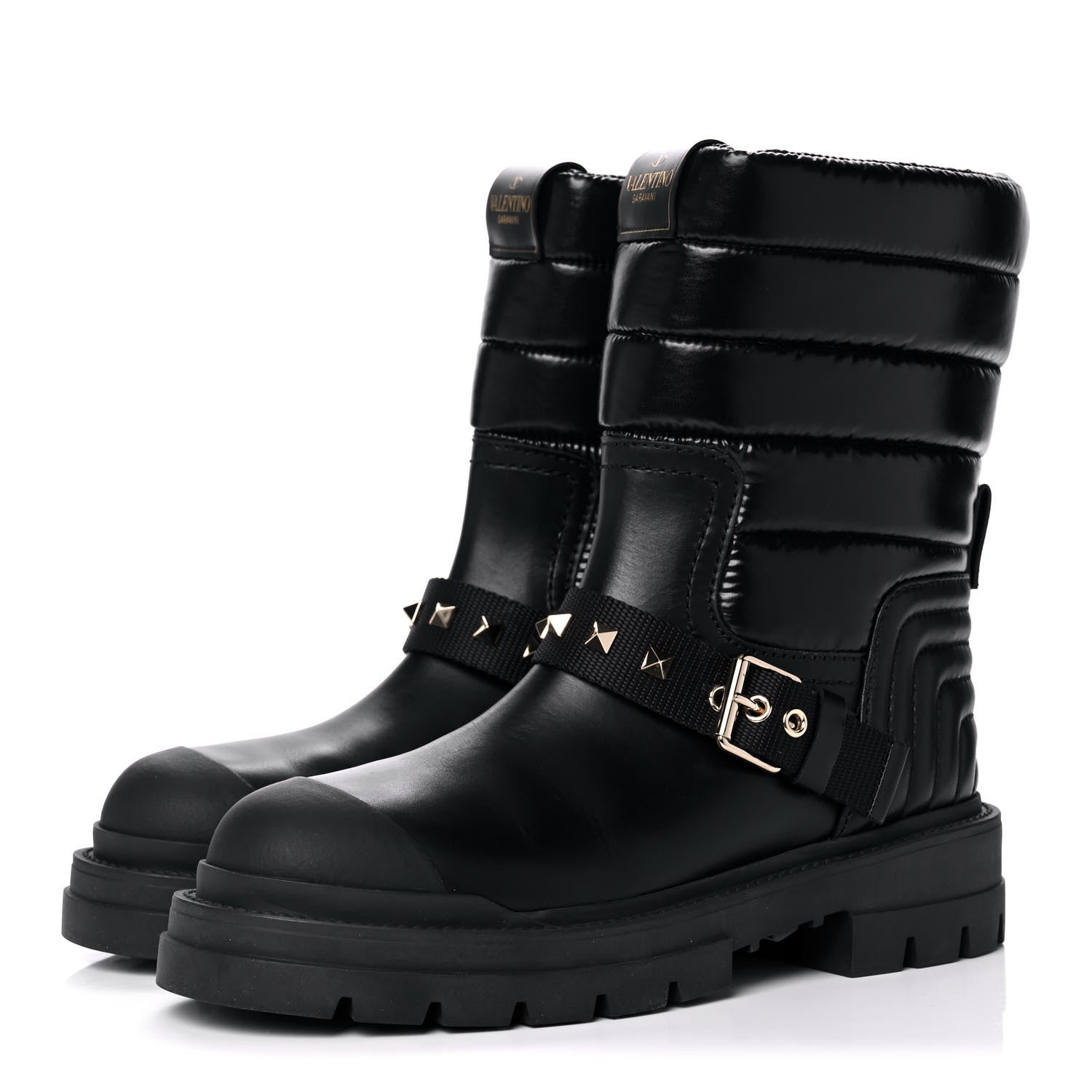 Valentino Garavani Calfskin Nylon Quilted Waterproof Rockstud 40mm Biker Boots 37.5 Black 3 of 11