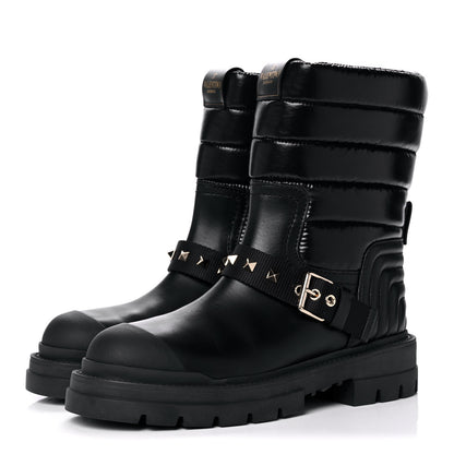 Valentino Garavani Calfskin Nylon Quilted Waterproof Rockstud 40mm Biker Boots 37.5 Black 3 of 11