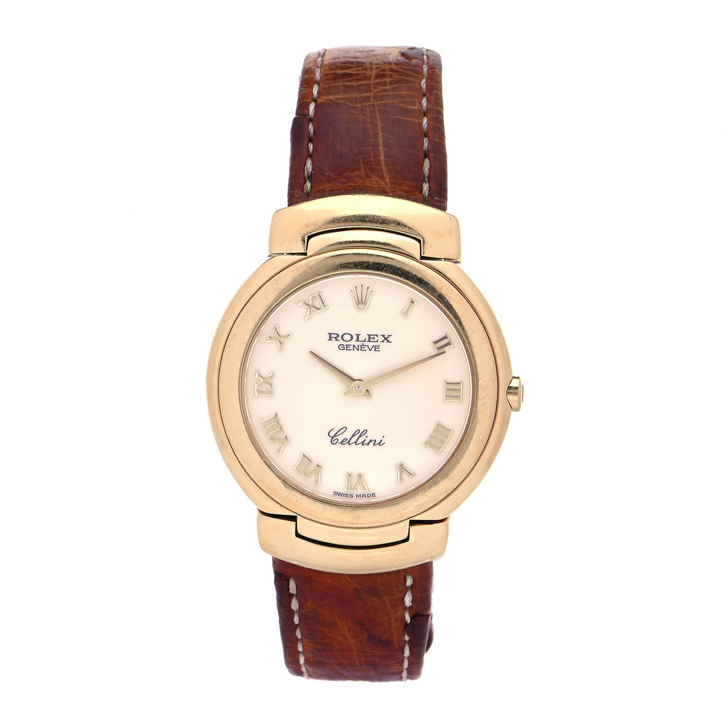 18K Yellow Gold Ostrich 33mm Cellini Quartz Watch Brown
