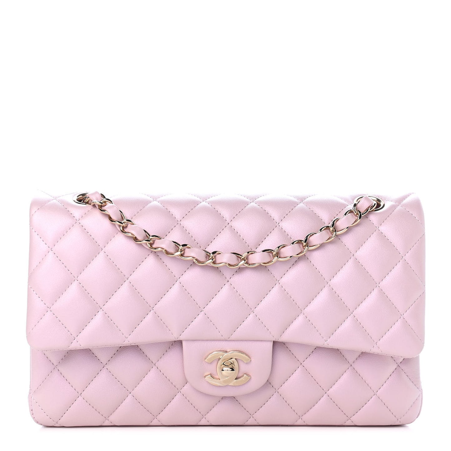 Iridescent Calfskin Quilted Medium Double Flap Light Pink