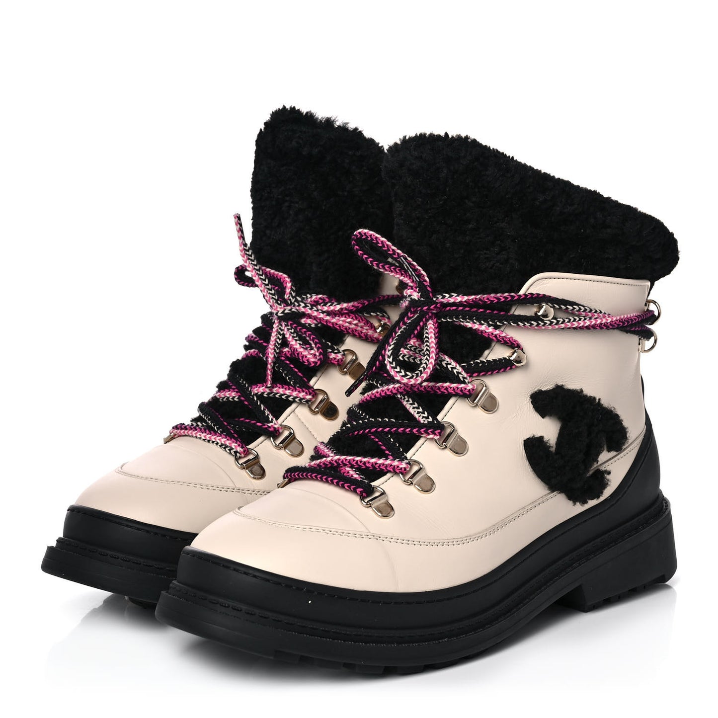 Calfskin Shearling CC Lace Up Boots 40.5 Light Beige Black