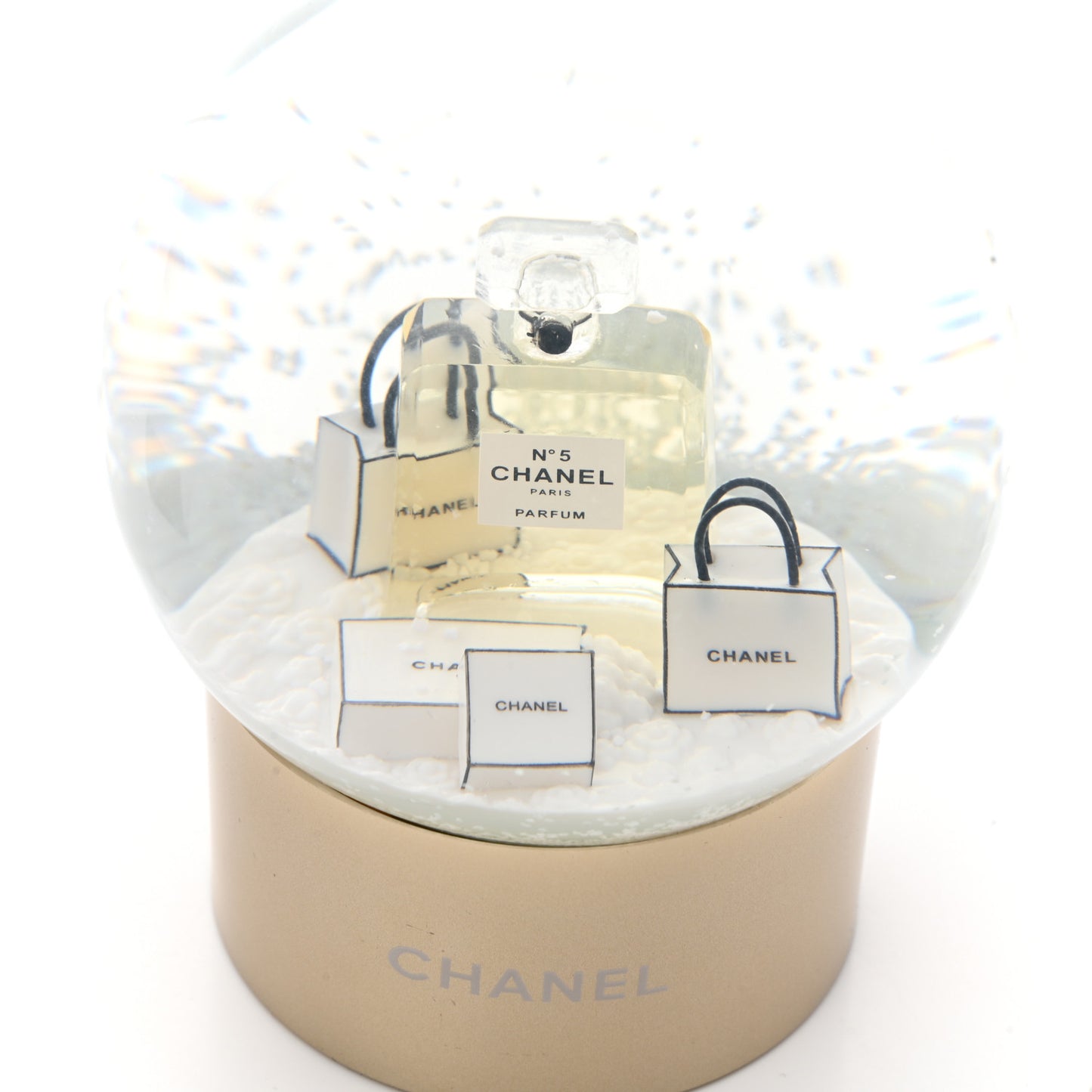 Glass N°5 Perfume Bottle Snow Globe Gold