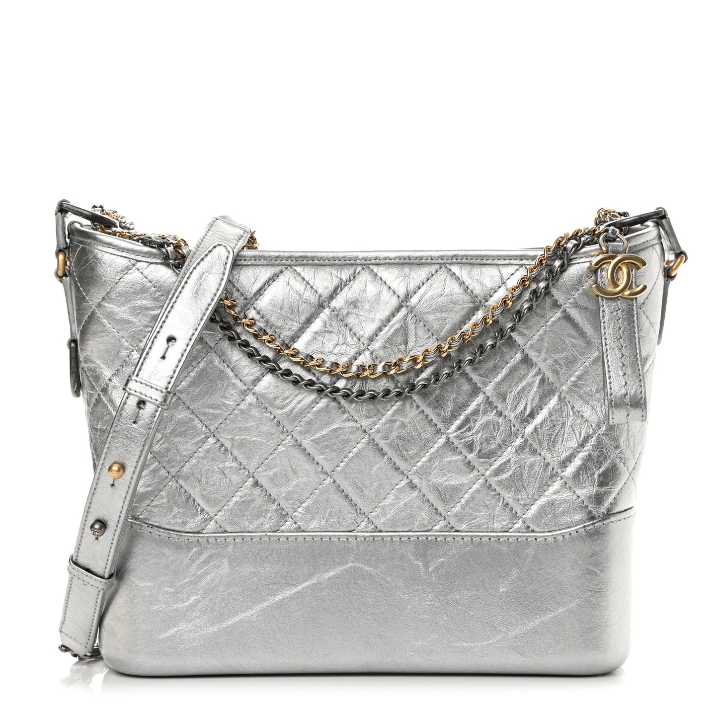 Metallic Aged Calfskin Quilted Medium Gabrielle Hobo Silver