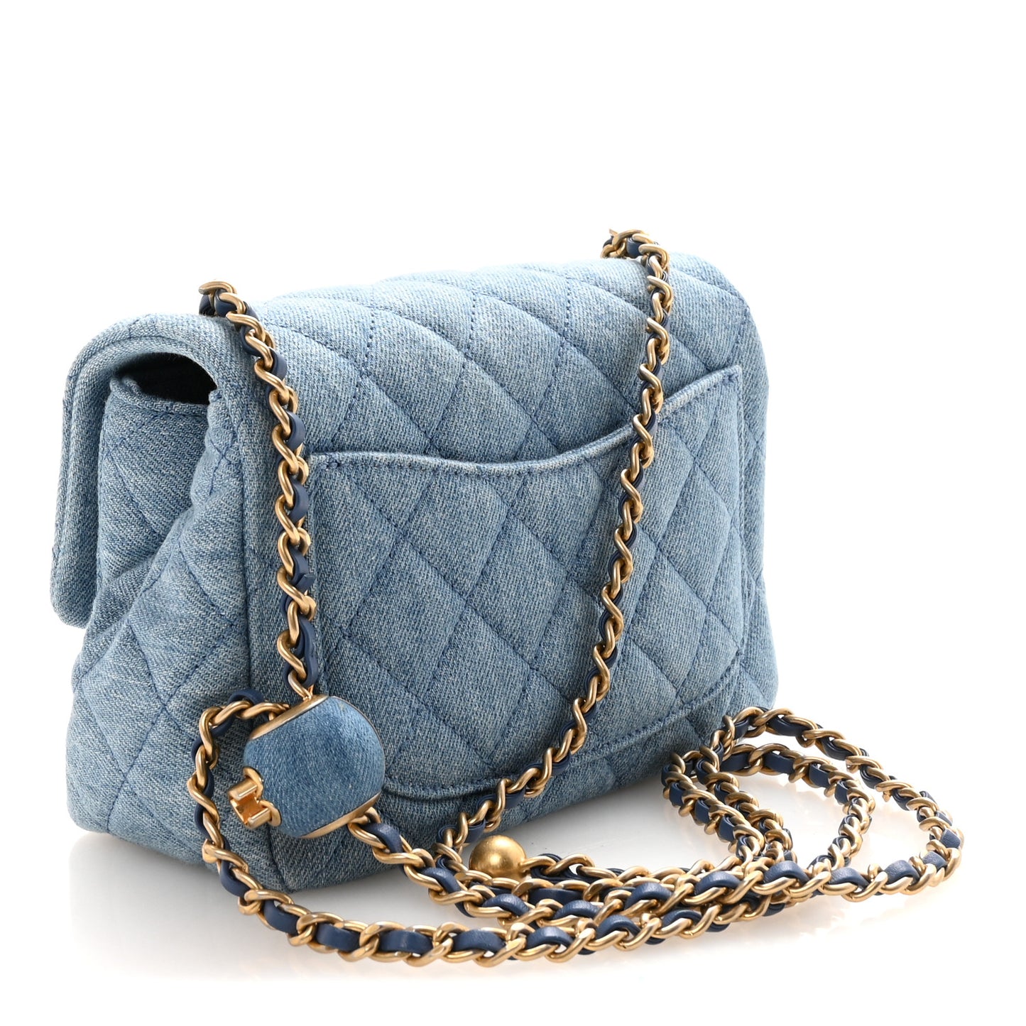 Denim Quilted Mini Pearl Crush Flap Blue