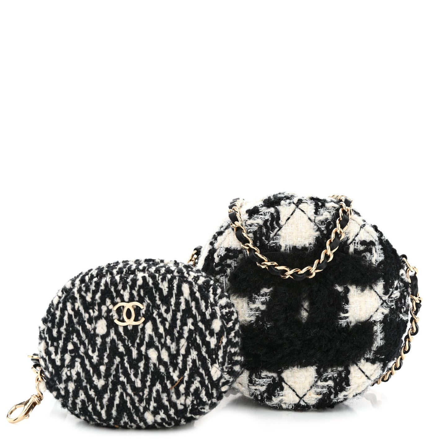 Tweed Shearling Round Clutch With Chain and Coin Purse Black and White
