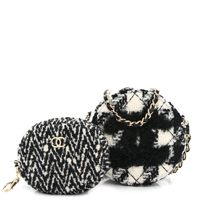 Chanel Tweed Shearling Round Clutch With Chain and Coin Purse Black and White 1 of 19