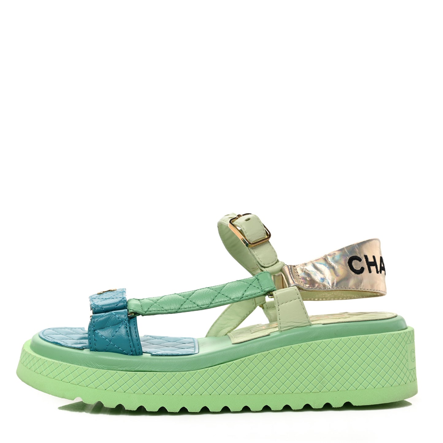 Lambskin Logo Platform Sandals 38 Turquoise Green Gold