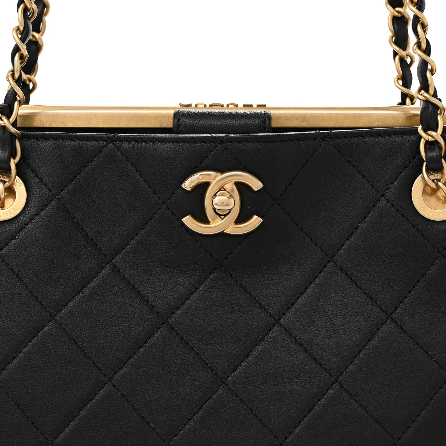 Lambskin Quilted Signature Plate Large Shopping Tote Black