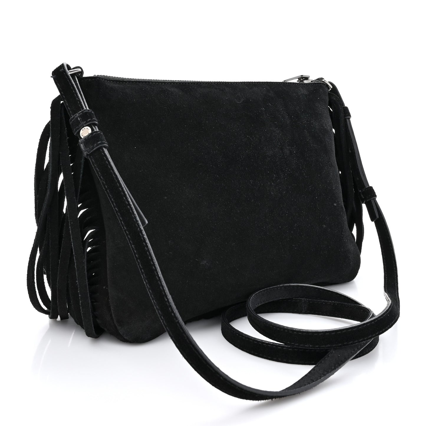 Suede Calfskin Small Fringe Crossbody Bag Black