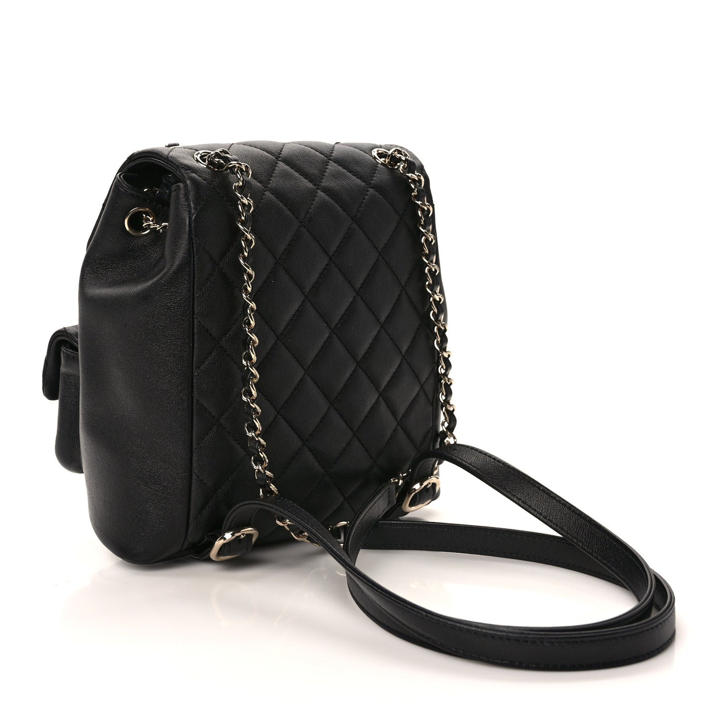 Calfskin Quilted Medium Duma Pockets Drawstring Backpack Black