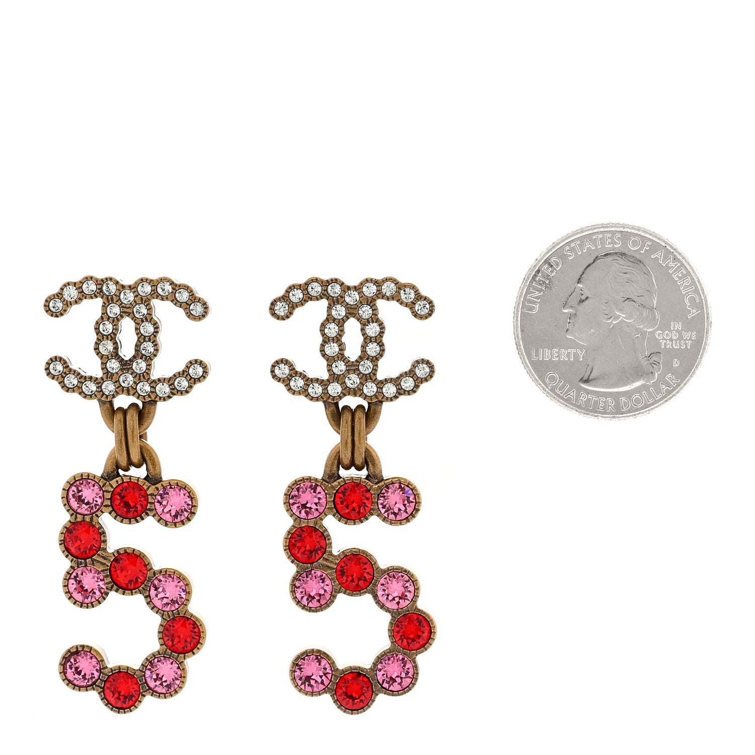 Chanel Pearl Crystal CC No 5 Drop Earrings Gold Pink Red 2 of 4