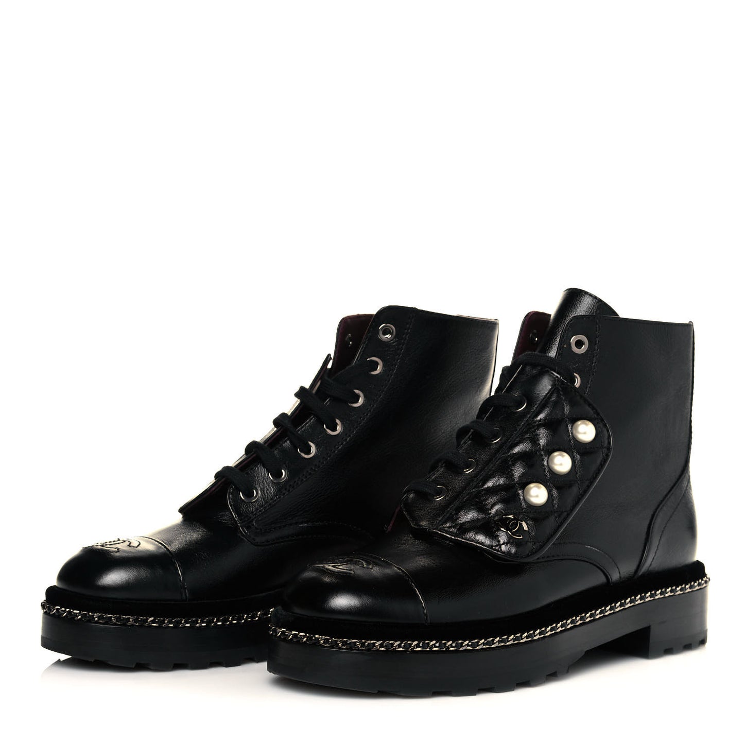 Crackled Calfskin Velvet Pearl Combat Short Boots 36.5 Black