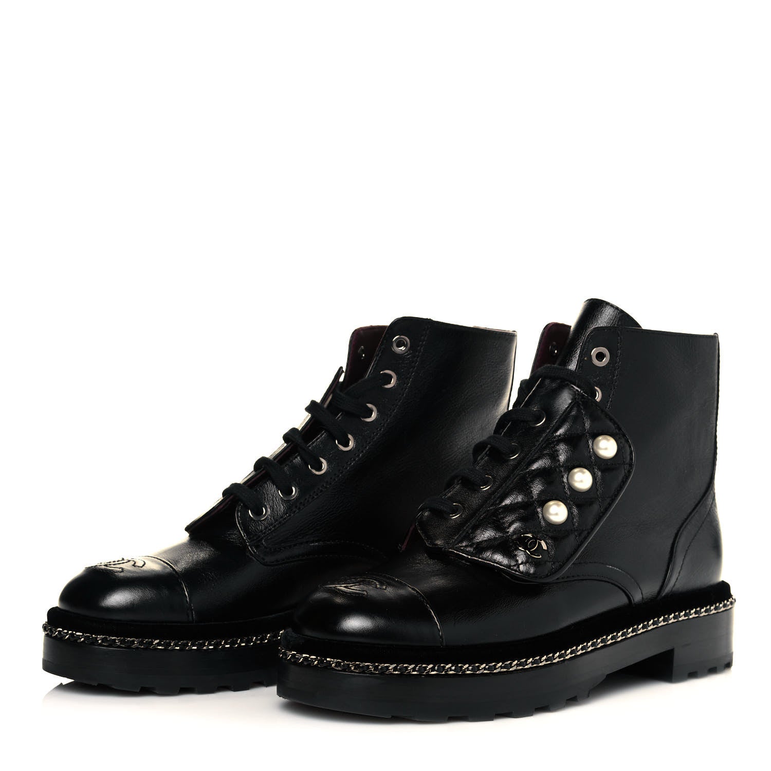 Chanel Crackled Calfskin Velvet Pearl Combat Short Boots 36.5 Black 3 of 7