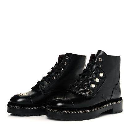 Chanel Crackled Calfskin Velvet Pearl Combat Short Boots 36.5 Black 3 of 7